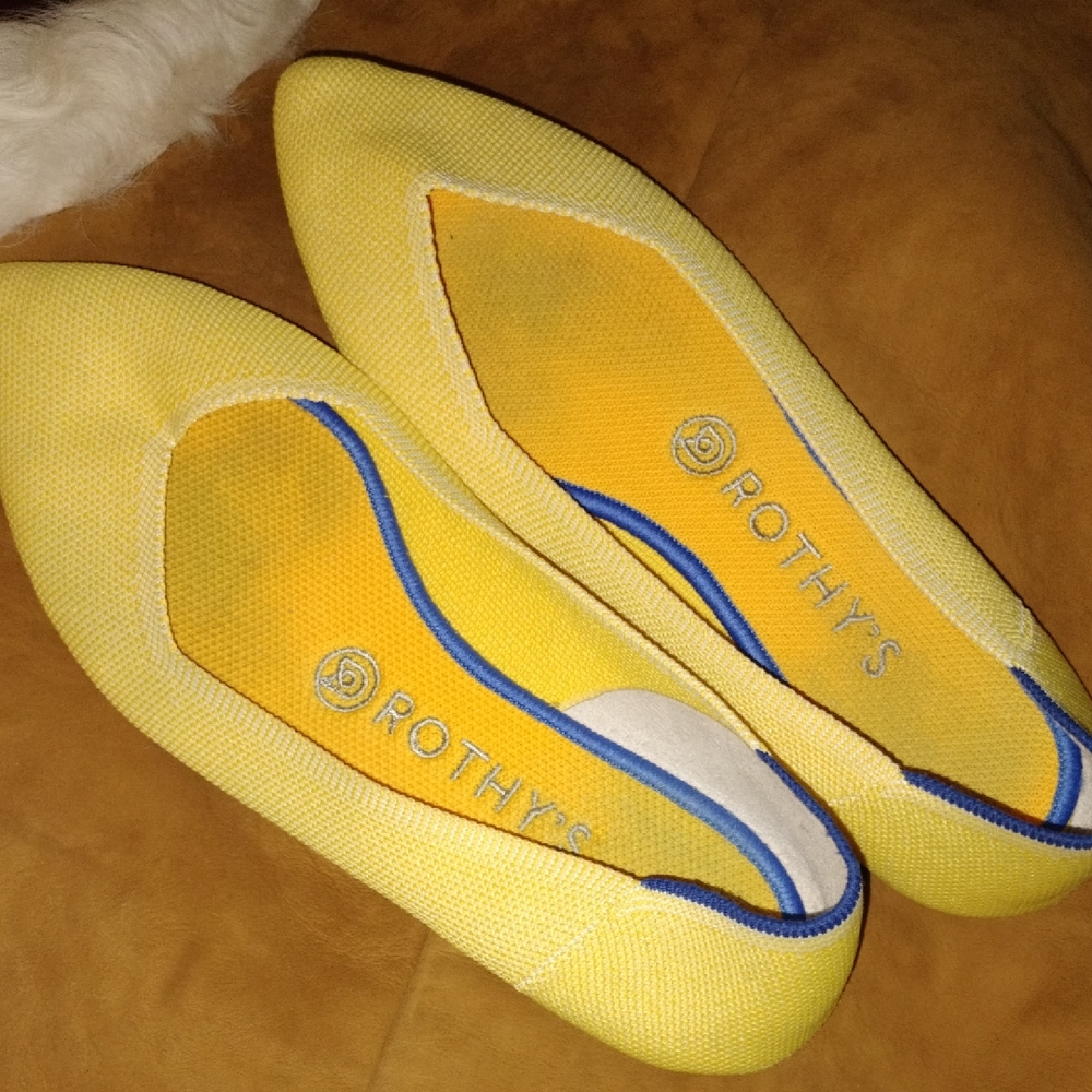Rothy's Vibrant Yellow Flats with Blue Accents Press The Gas Ladies Driving Shoe